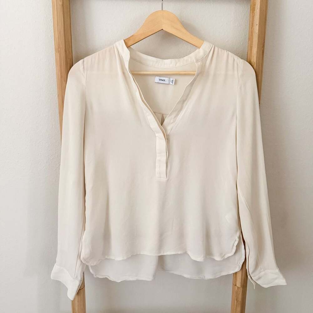 Vince 100% Silk Blouse Size 2 Ivory Cream Split Neck Long Sleeve Top